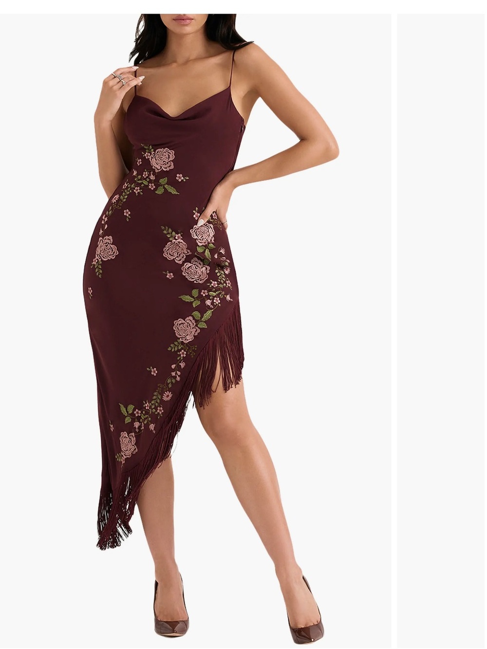 HOUSE OF CB Eloisa Asymmetric Midi Slipdress Spaghetti Strap Floral Fringe SZ S - Picture 2 of 8